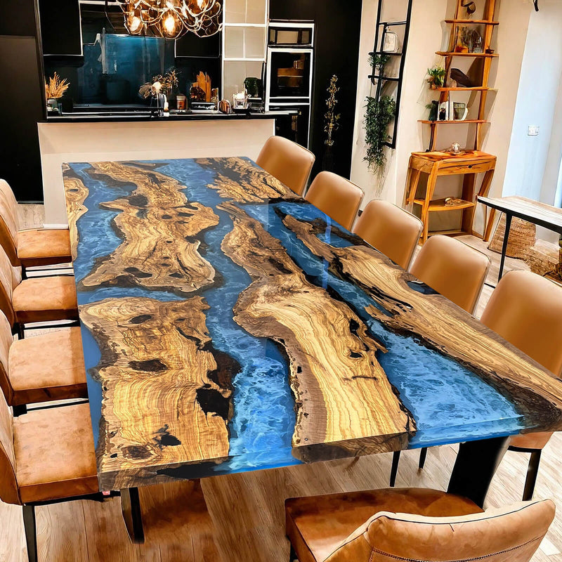 Custom Olive Epoxy Resin River Table Blue Waves ORT-21