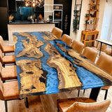 Custom Olive Epoxy Resin River Table Blue Waves ORT-21