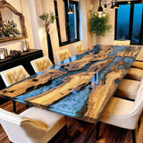 Custom Olive Epoxy Resin River Table Blue Waves ORT-21