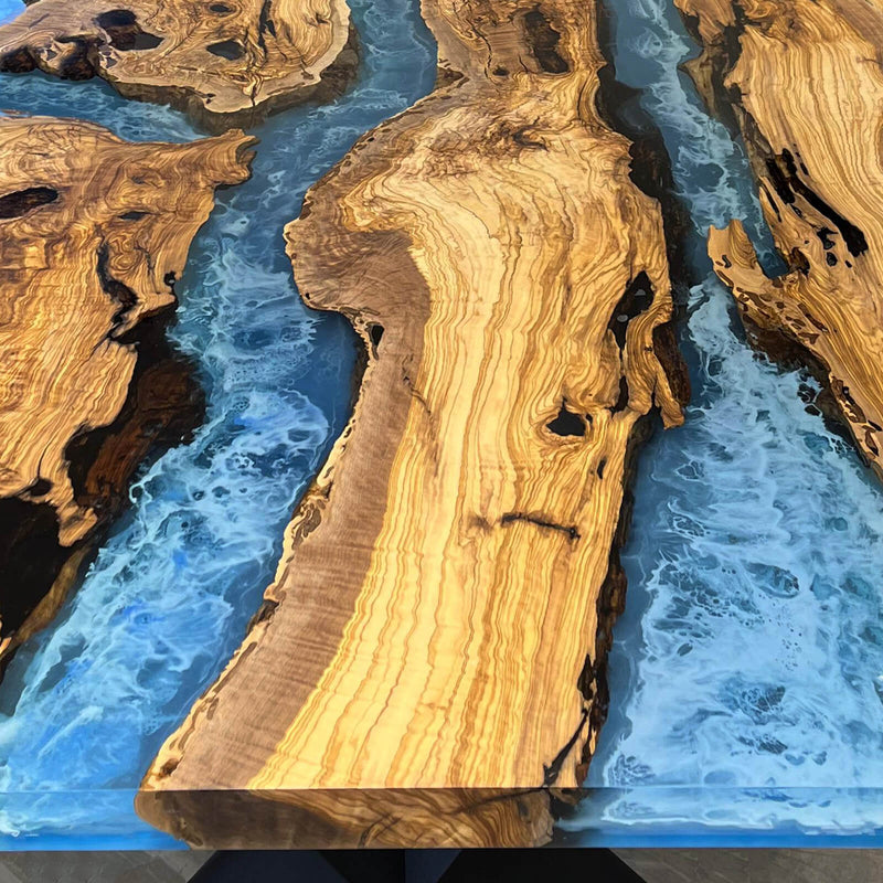 Custom Olive Epoxy Resin River Table Blue Waves ORT-21