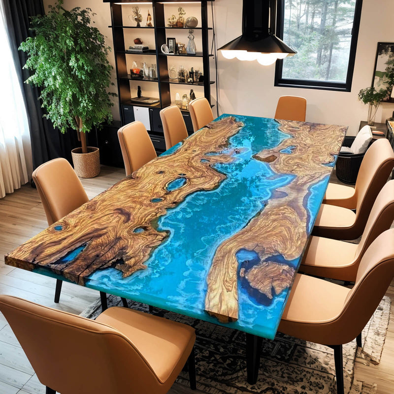Custom Olive Epoxy Resin River Table Blue Waves ORT-06