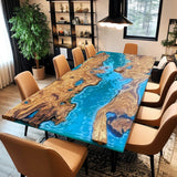 Custom Olive Epoxy Resin River Table Blue Waves ORT-06