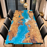 Custom Olive Epoxy Resin River Table Blue Waves ORT-06