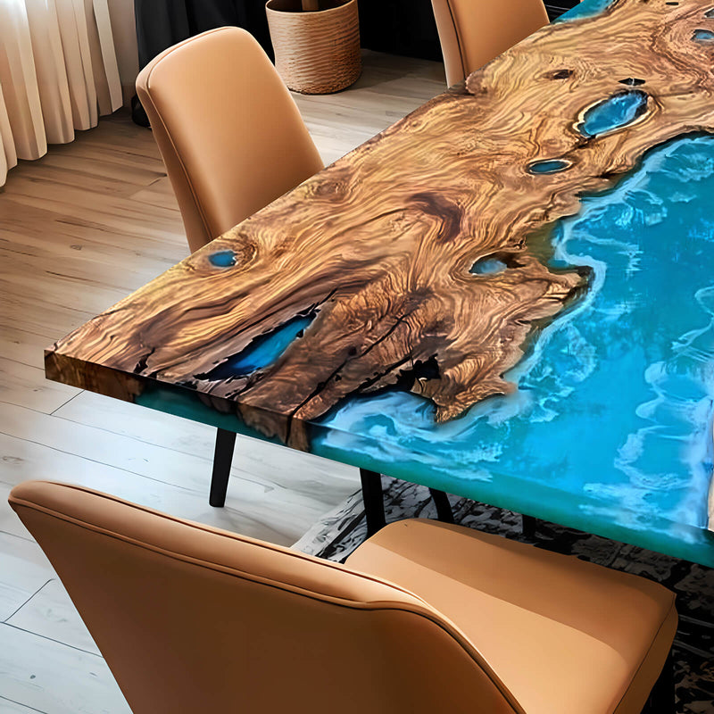 Custom Olive Epoxy Resin River Table Blue Waves ORT-06
