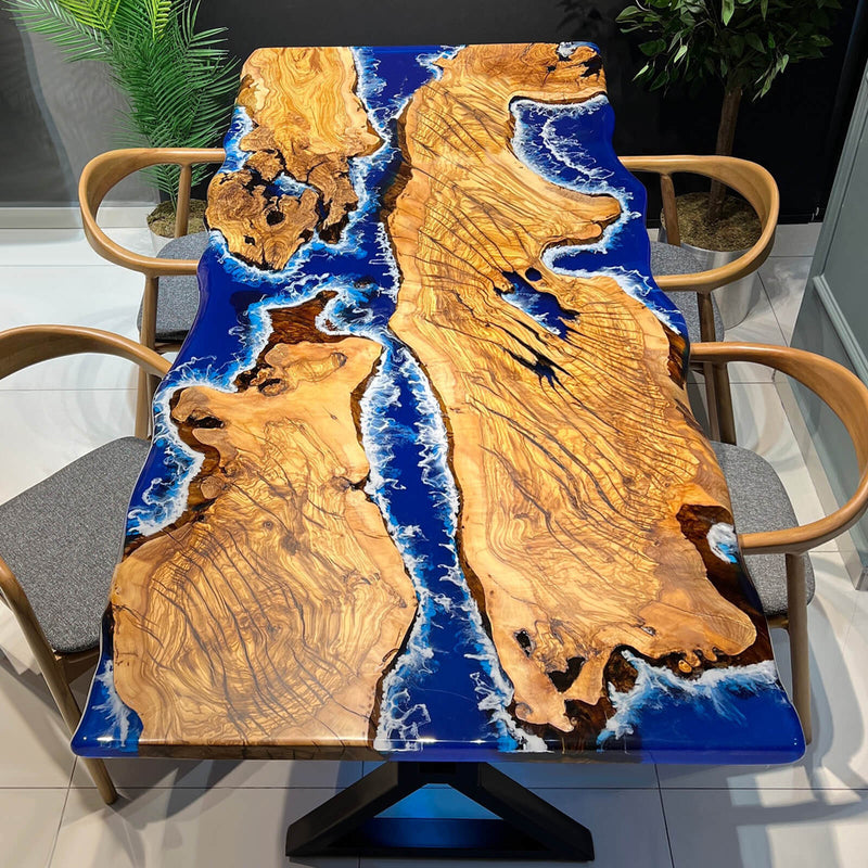 Custom Olive Epoxy Resin River Table Blue Waves ORT-45