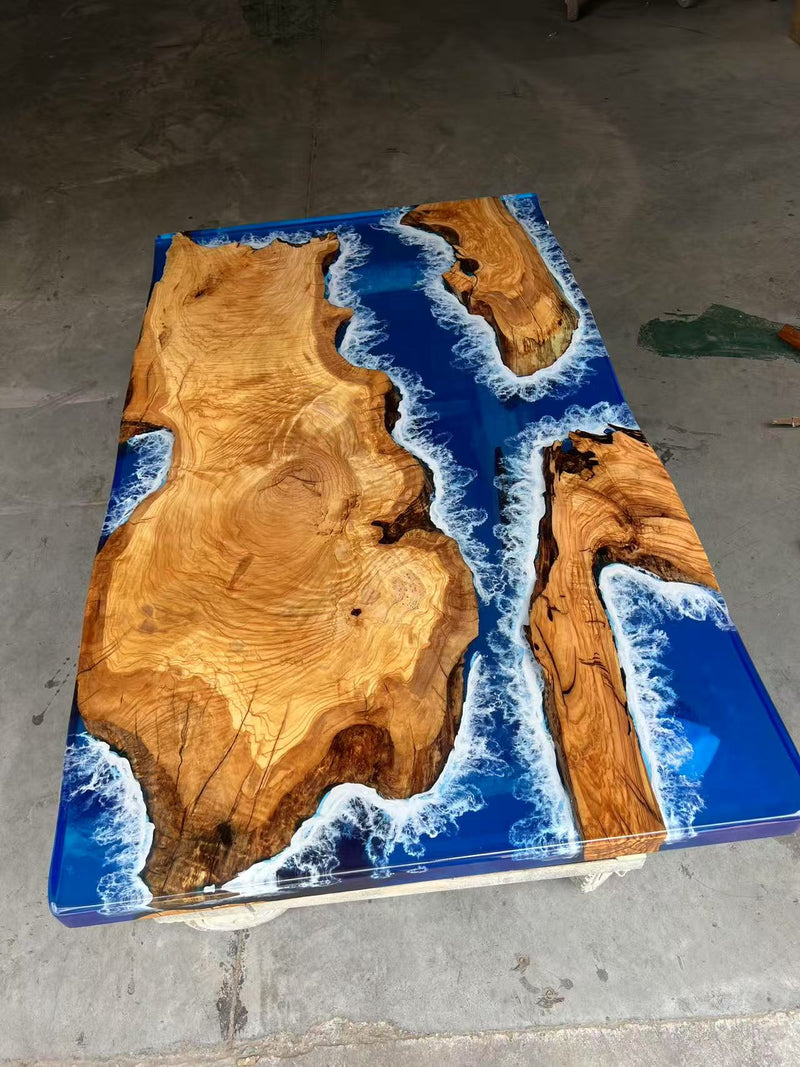 Custom Olive Epoxy Resin River Table Blue Waves ORT-45