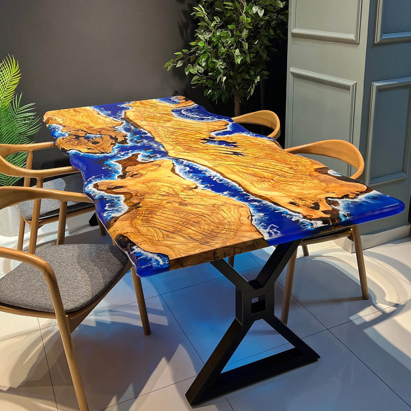 Custom Olive Epoxy Resin River Table Blue Waves ORT-45