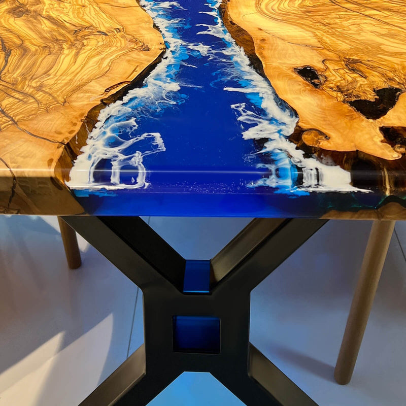 Custom Olive Epoxy Resin River Table Blue Waves ORT-45