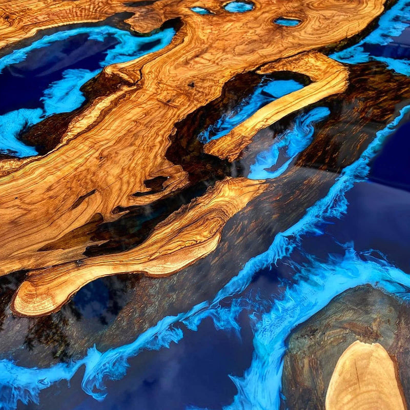Custom Olive Epoxy Resin River Table Blue Waves ORT-23