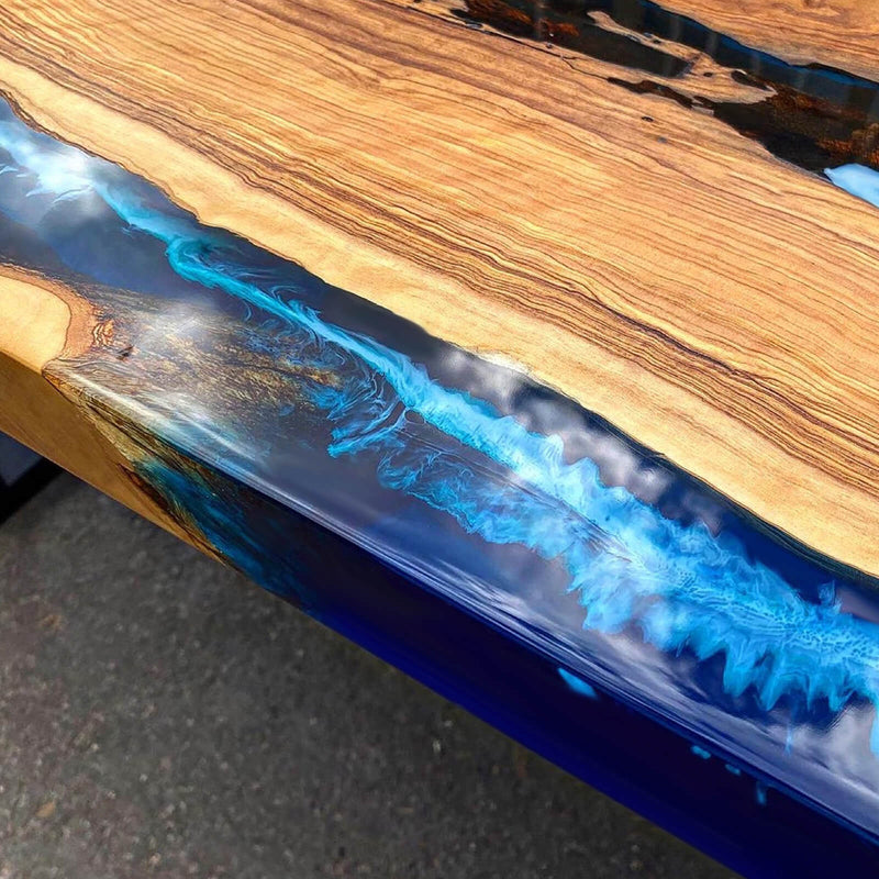 Custom Olive Epoxy Resin River Table Blue Waves ORT-23