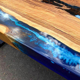 Custom Olive Epoxy Resin River Table Blue Waves ORT-23