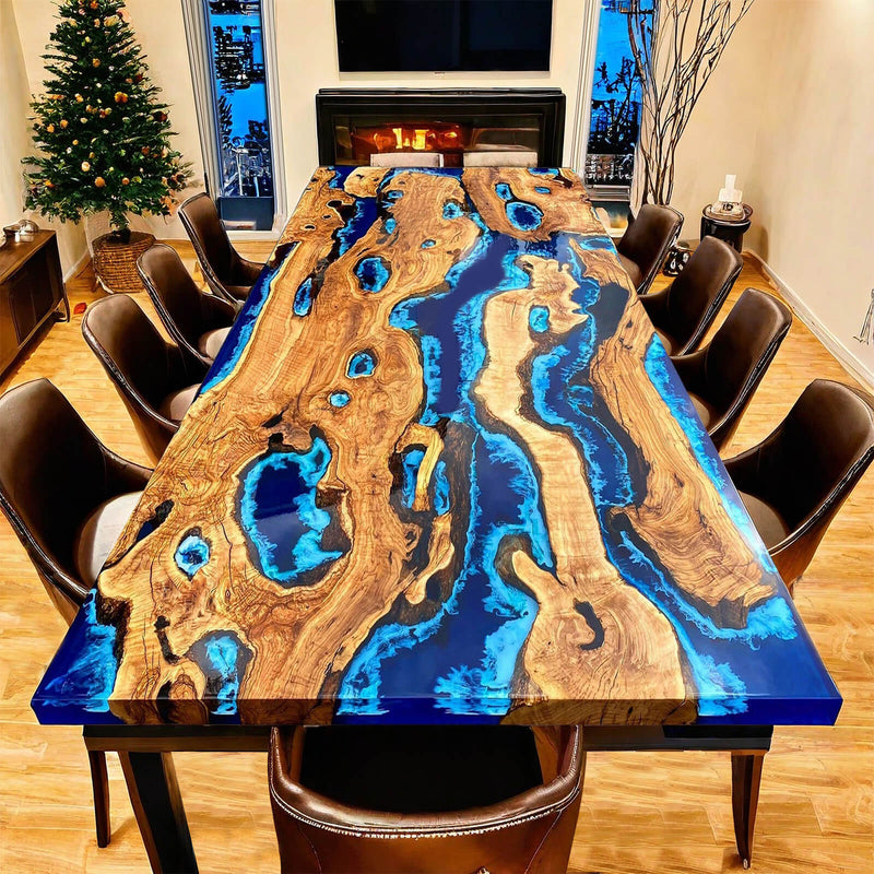 Custom Olive Epoxy Resin River Table Blue Waves ORT-23