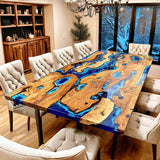 Custom Olive Epoxy Resin River Table Blue Waves ORT-23