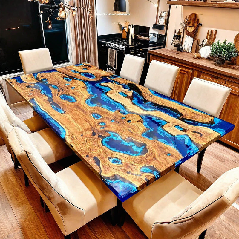 Custom Olive Epoxy Resin River Table Blue Waves ORT-23