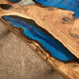 Custom Olive Epoxy Resin River Table Blue Waves ORT-24