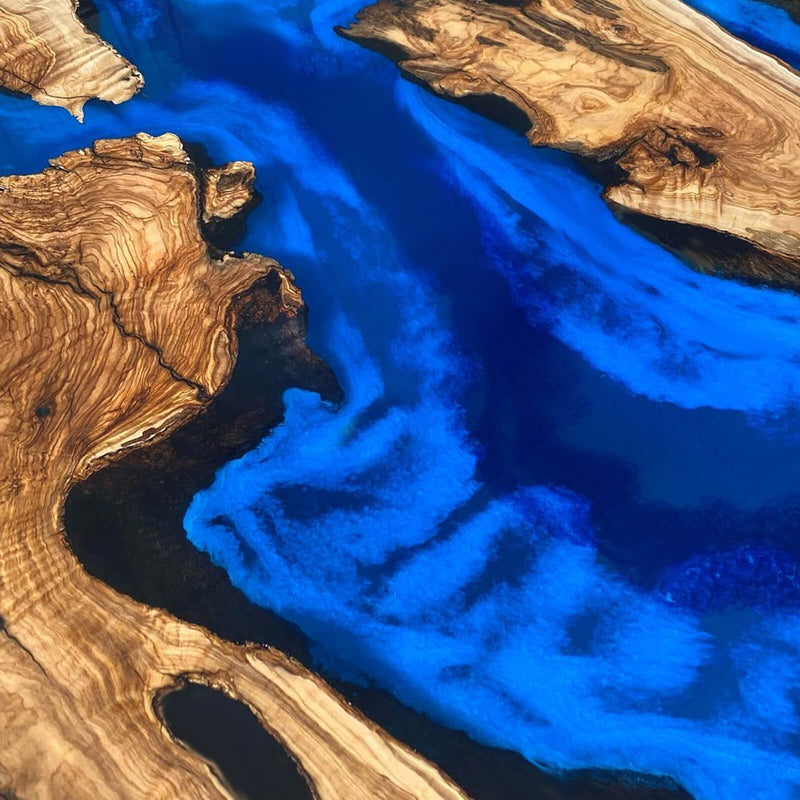 Custom Olive Epoxy Resin River Table Blue Waves ORT-24