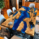 Custom Olive Epoxy Resin River Table Blue Waves ORT-24