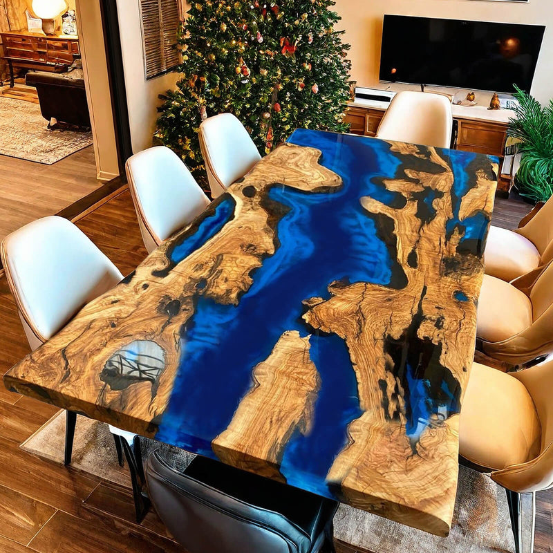 Custom Olive Epoxy Resin River Table Blue Waves ORT-24