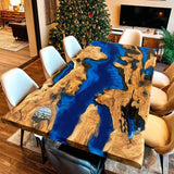 Custom Olive Epoxy Resin River Table Blue Waves ORT-24