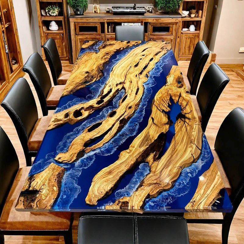 Custom Olive Epoxy Resin River Table Blue Waves ORT-22
