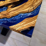 Custom Olive Epoxy Resin River Table Blue Waves ORT-22