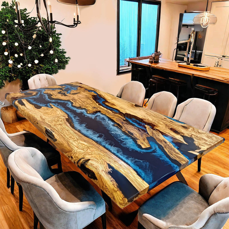 Custom Olive Epoxy Resin River Table Deep Sea Blue ORT-27