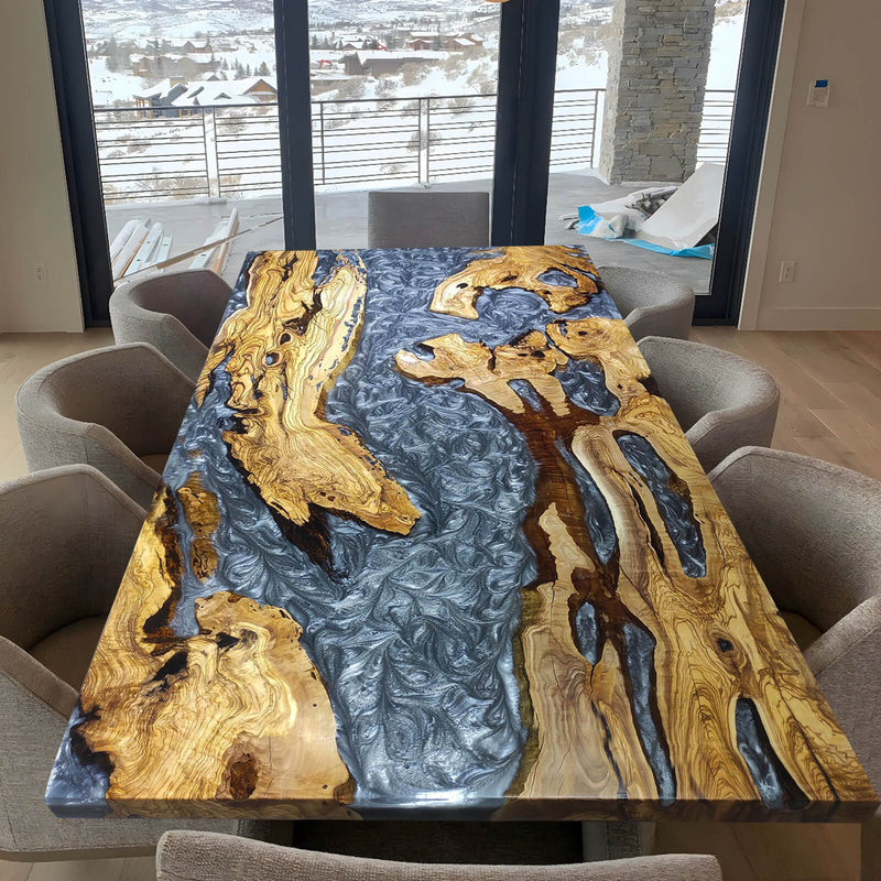 Custom Olive Epoxy Resin River Table Gray Pearl ORT-44