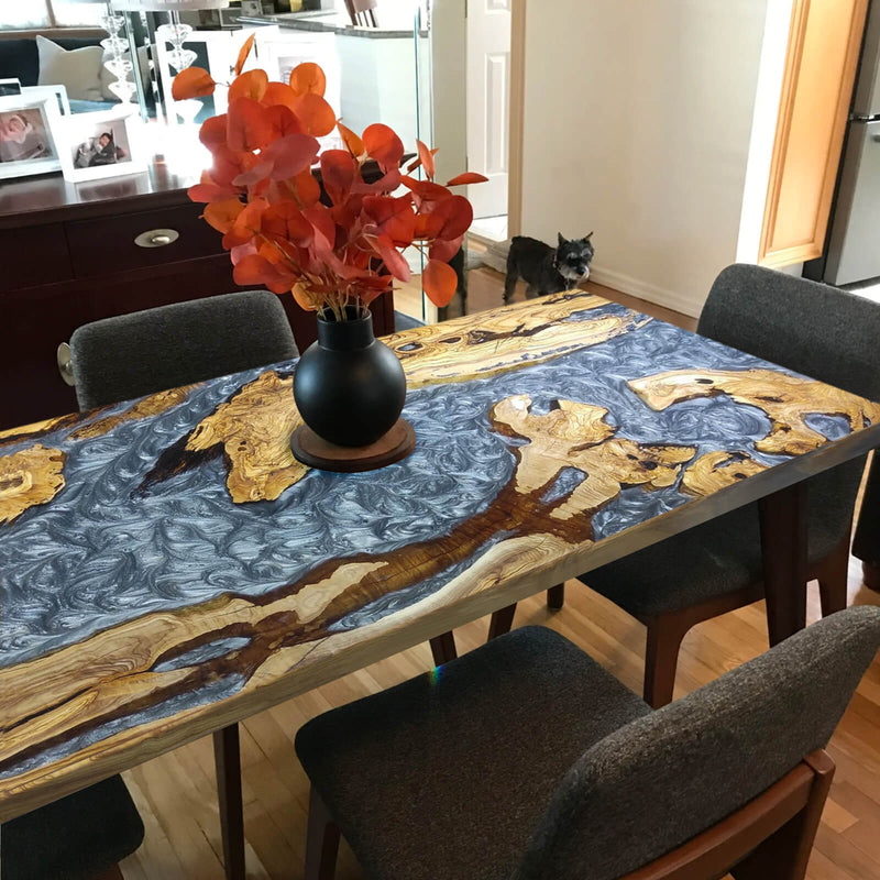 Custom Olive Epoxy Resin River Table Gray Pearl ORT-44