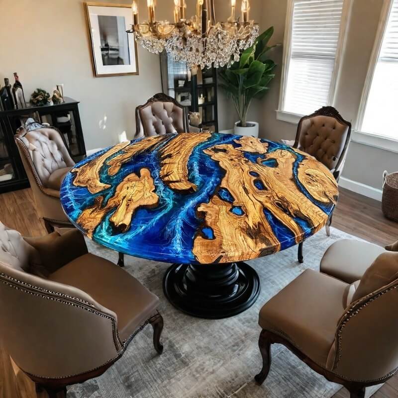 Custom Olive Epoxy Resin Round Coffee Table Blue CRT-35
