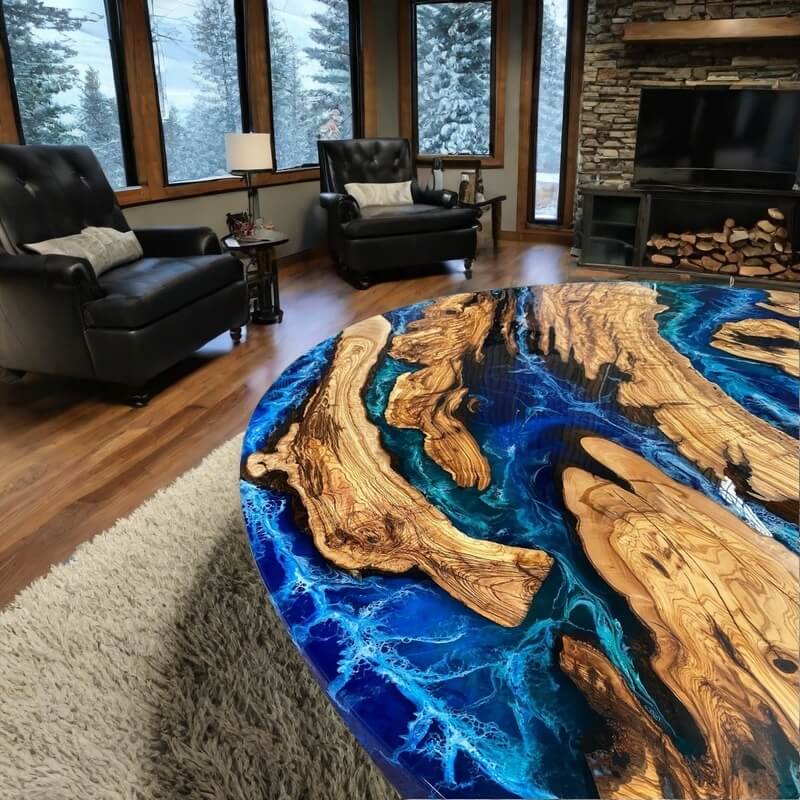 Custom Olive Epoxy Resin Round Coffee Table Blue Resin CRT-42