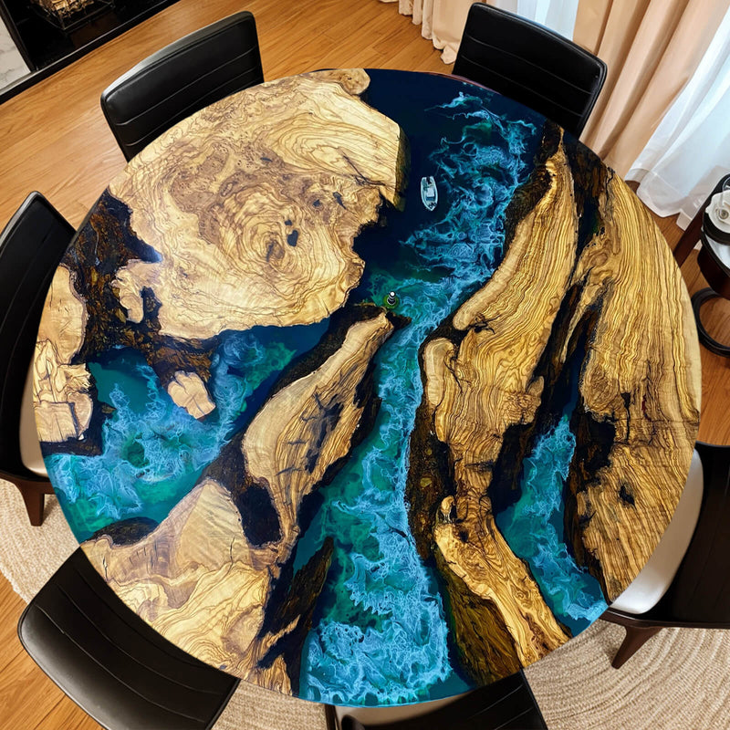 Custom Olive Epoxy Resin Round Coffee Table Blue Waves CRT-36