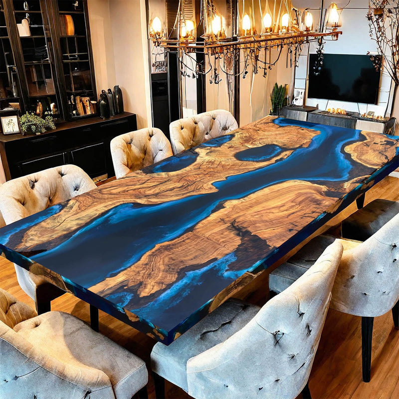 Custom Olive Wood Epoxy Resin River Table Deep Blue ORT-26