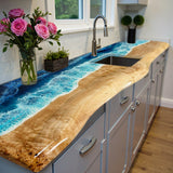 Custom Poplar Epoxy Resin River Kitchen Countertop Blue Waves PRT-01