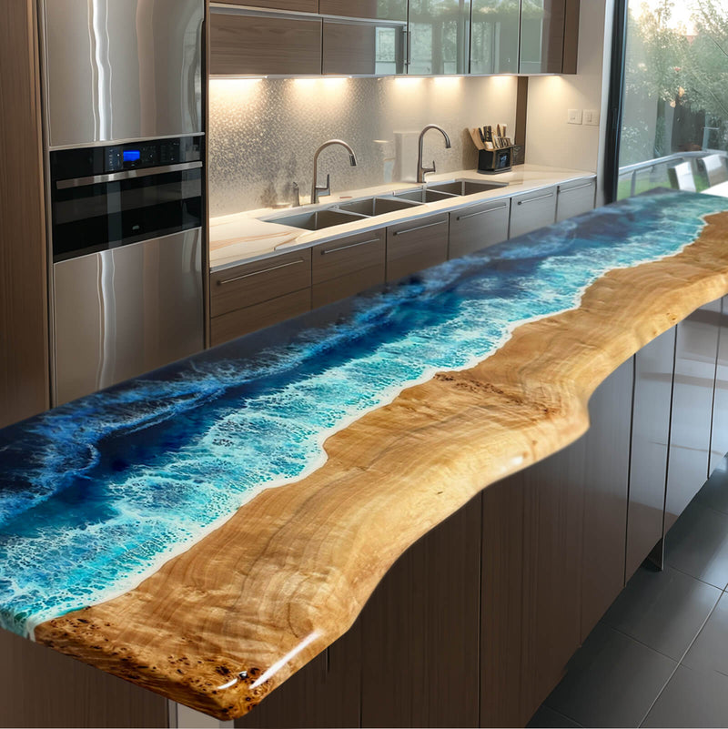 Custom Poplar Epoxy Resin River Kitchen Countertop Blue Waves PRT-01