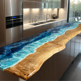 Custom Poplar Epoxy Resin River Kitchen Countertop Blue Waves PRT-01