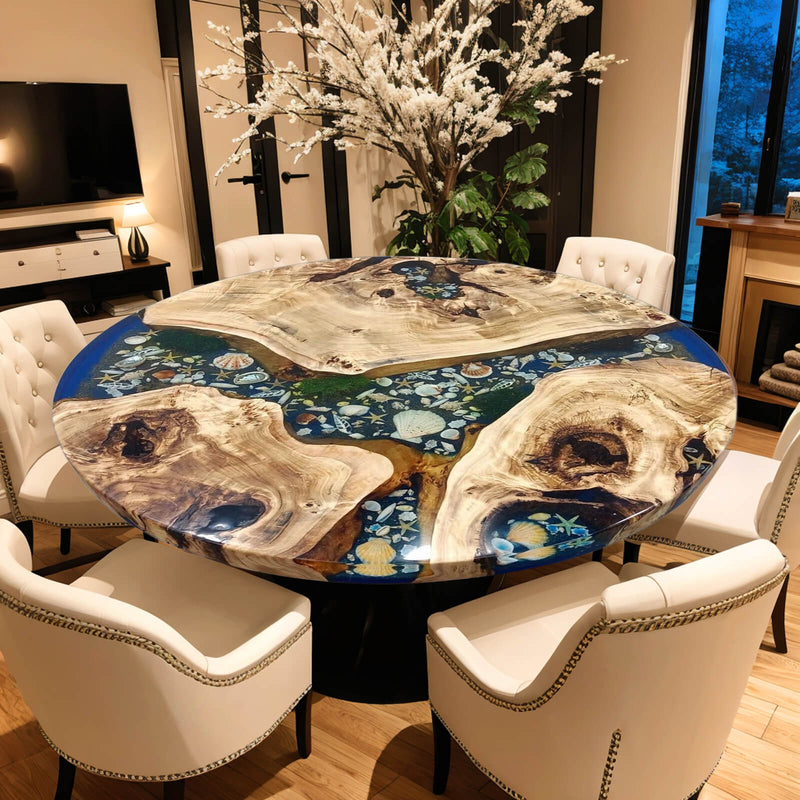 Custom Poplar Epoxy Resin Round Coffee Table Blue Resin CRT-32