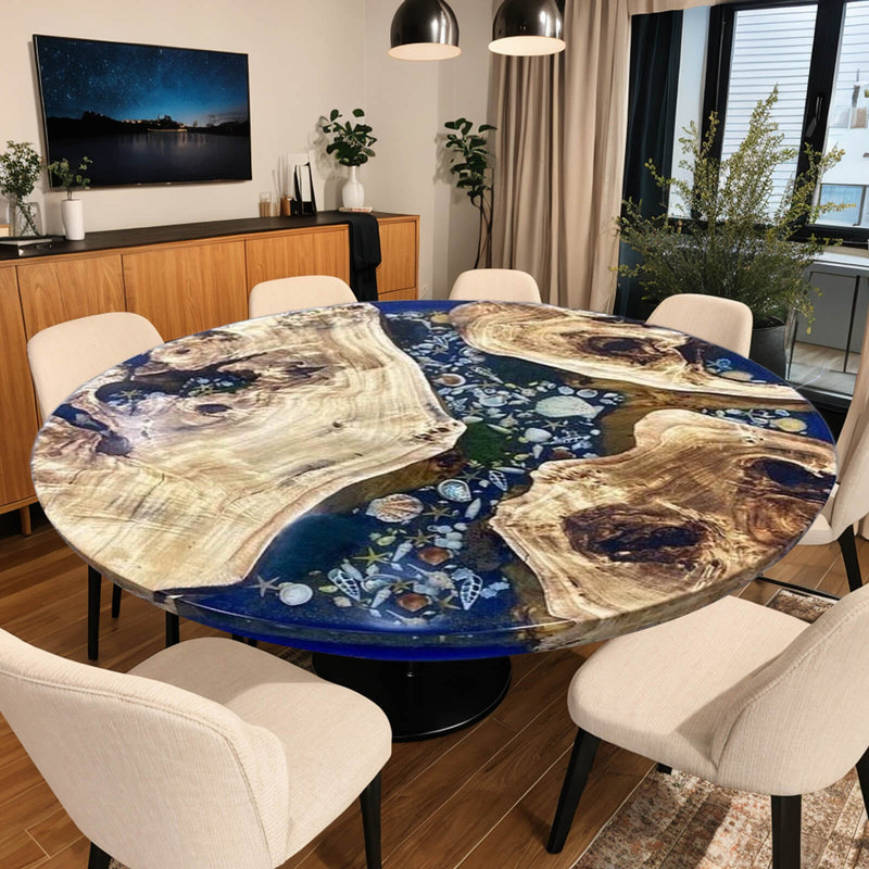 Custom Poplar Epoxy Resin Round Coffee Table Blue Resin CRT-32