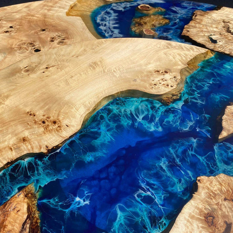Custom Poplar Epoxy Resin Round Coffee Table Blue Resin CRT-31