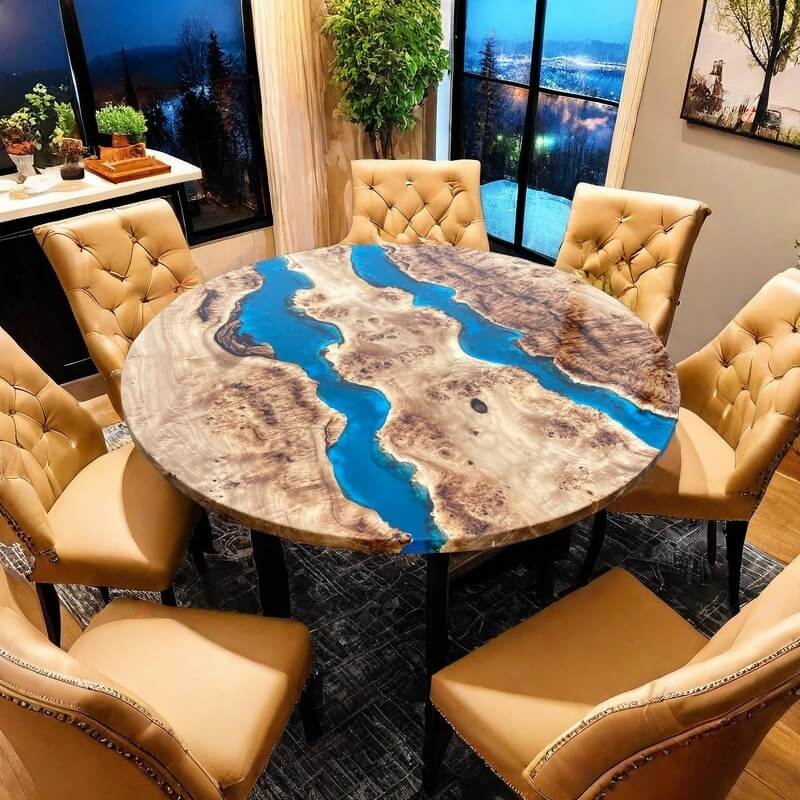 Custom Poplar Epoxy Resin Round Coffee Table Blue Resin CRT-30