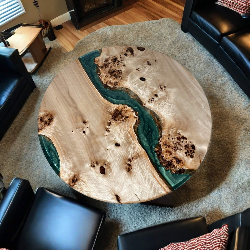 Custom Poplar Epoxy Resin Round Coffee Table Blue Resin CRT-27