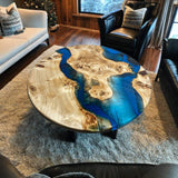 Custom Poplar Epoxy Resin Round Coffee Table Blue Resin CRT-26