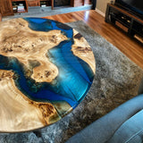 Custom Poplar Epoxy Resin Round Coffee Table Blue Resin CRT-26