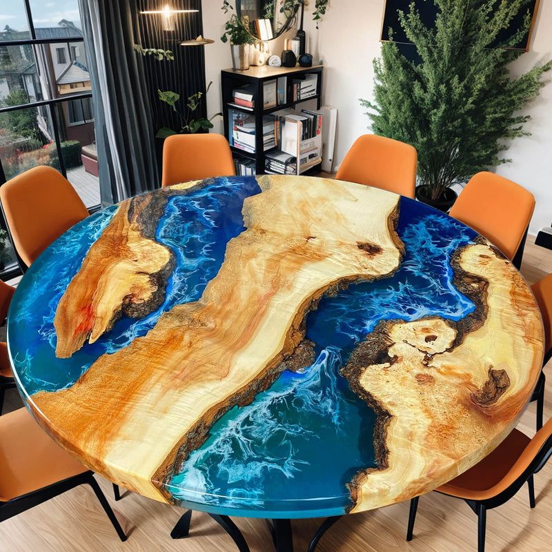 Custom Poplar Epoxy Resin Round Coffee Table Blue Waves CRT-24