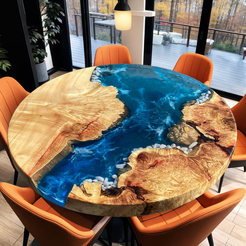 Custom Poplar Epoxy Resin Round Coffee Table Blue Waves CRT-23