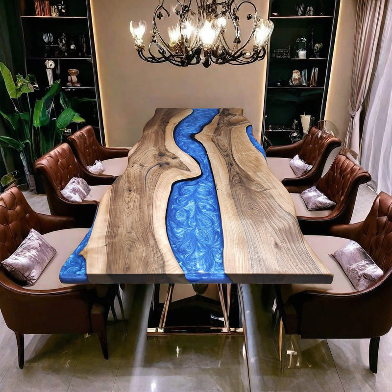 Custom Walnut Epoxy Resin River Table Blue Pearl WRT-55