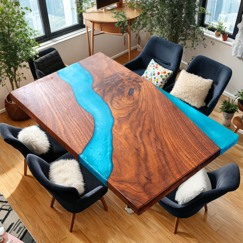 Custom Walnut Epoxy Resin River Table Blue Resin WRT-34