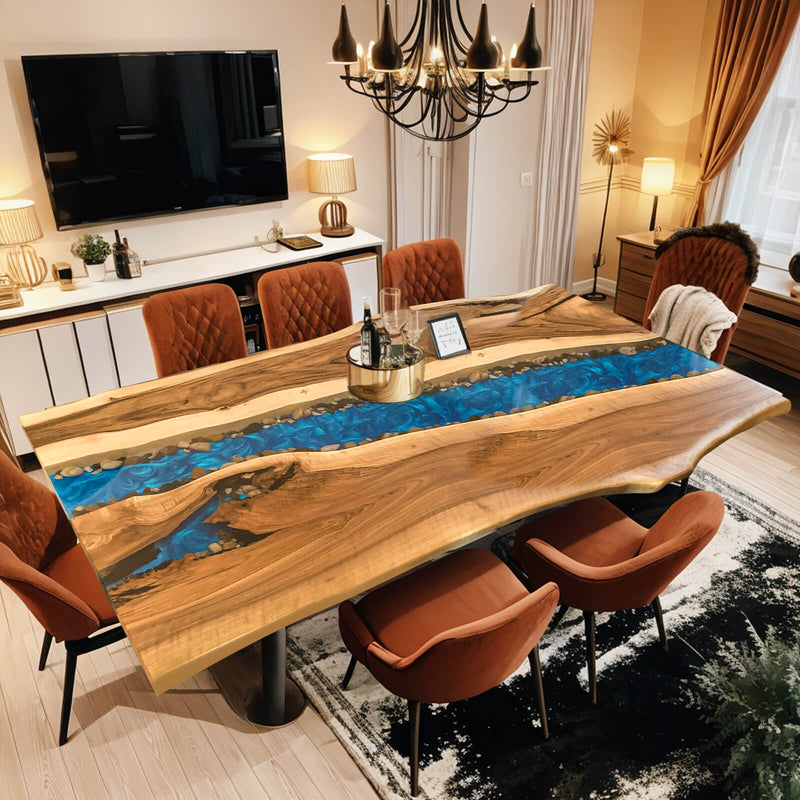 Custom Walnut Epoxy Resin River Table Blue Resin WRT-46