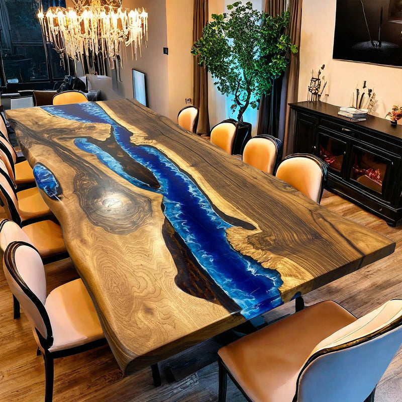 Custom Walnut Epoxy Resin River Table Blue Waves WRT-51