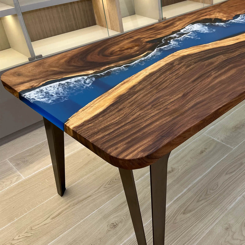 Custom Black Walnut Epoxy Resin River Table Blue Waves BRT-82