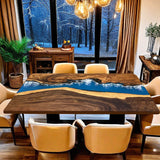 Custom Black Walnut Epoxy Resin River Table Blue Waves BRT-82